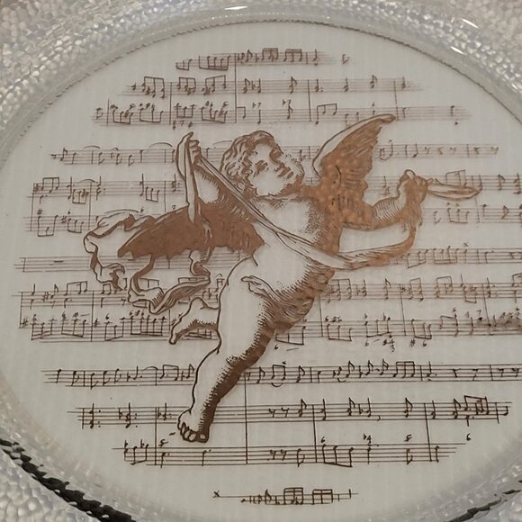 Vintage 13" Italian Glass Serving Platter With Gold Trim Cherub Musical Notes - Picture 2 of 9